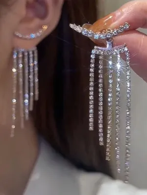 Rhinestone Tassel Drop Earrings - Silver
