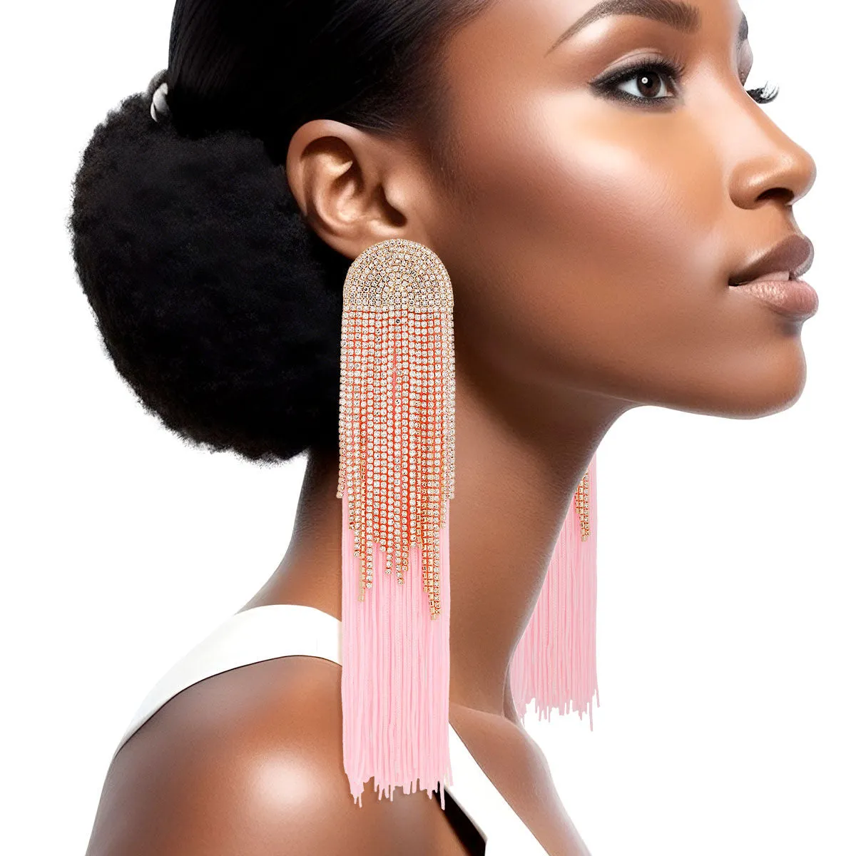 Rhinestone Tassel Earrings: Long Pink Dangle Fashion Jewelry