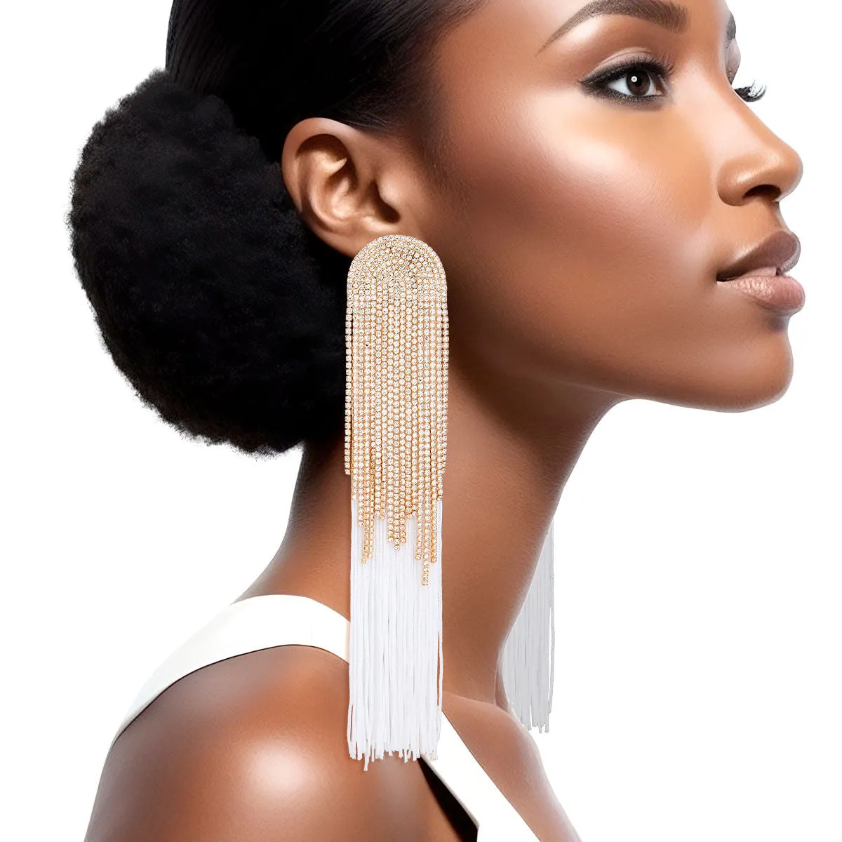 Rhinestone Tassel Earrings: Long White Dangle Fashion Jewelry