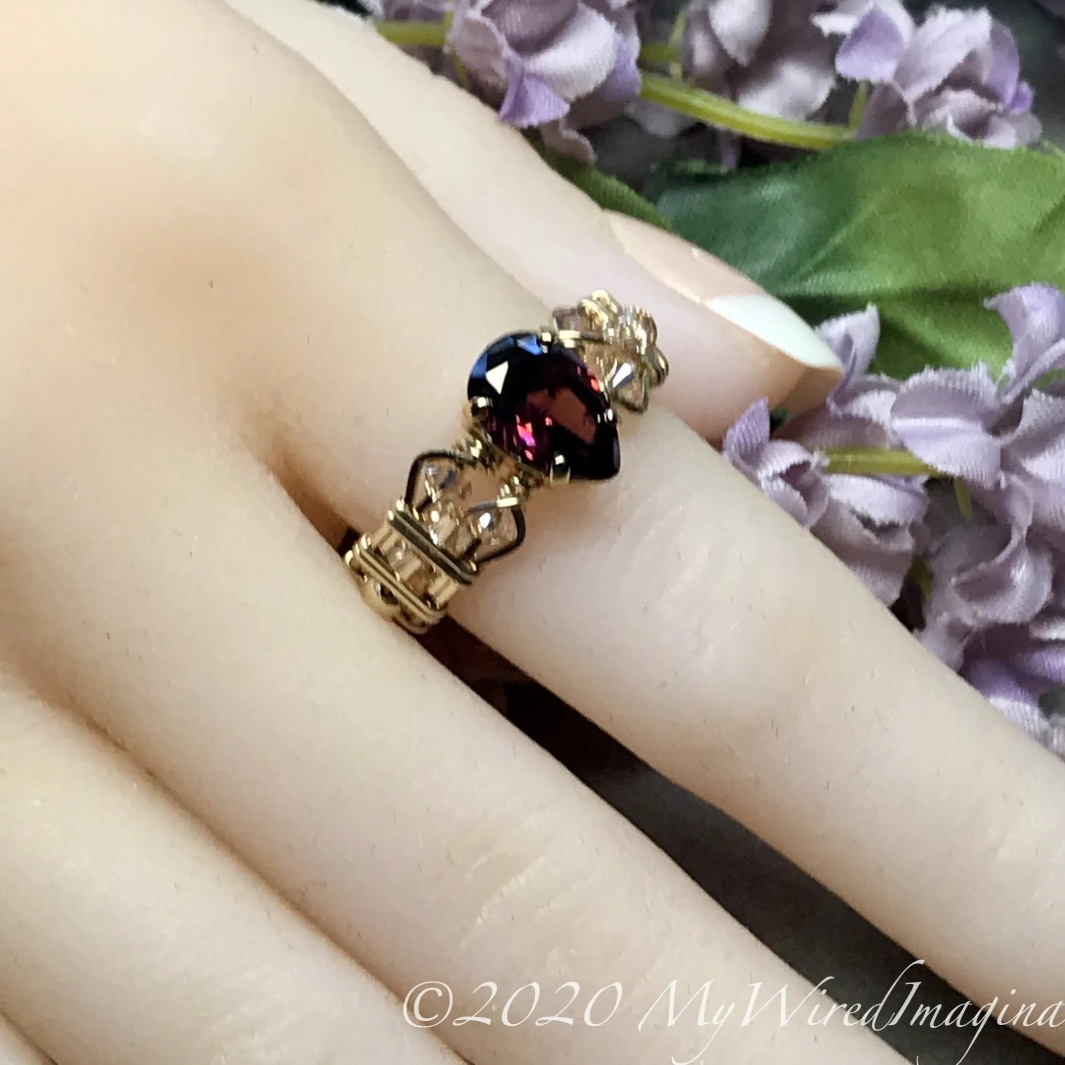 Rhodolite Garnet CZ Handmade Ring, Pink, Purple Red Garnet, January Birthstone