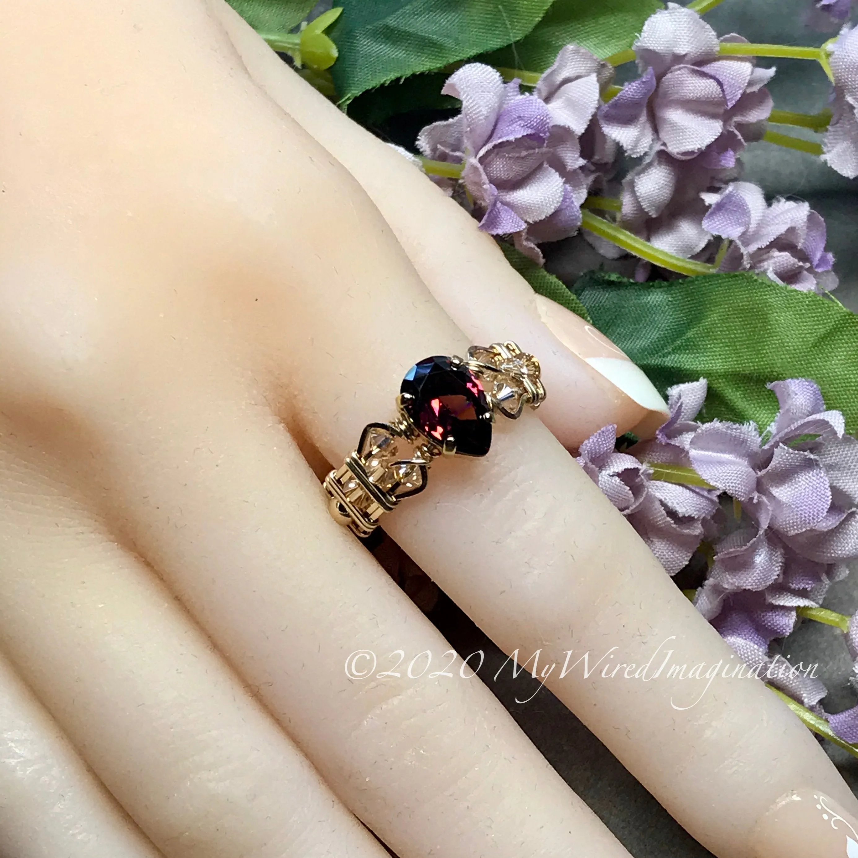 Rhodolite Garnet CZ Handmade Ring, Pink, Purple Red Garnet, January Birthstone