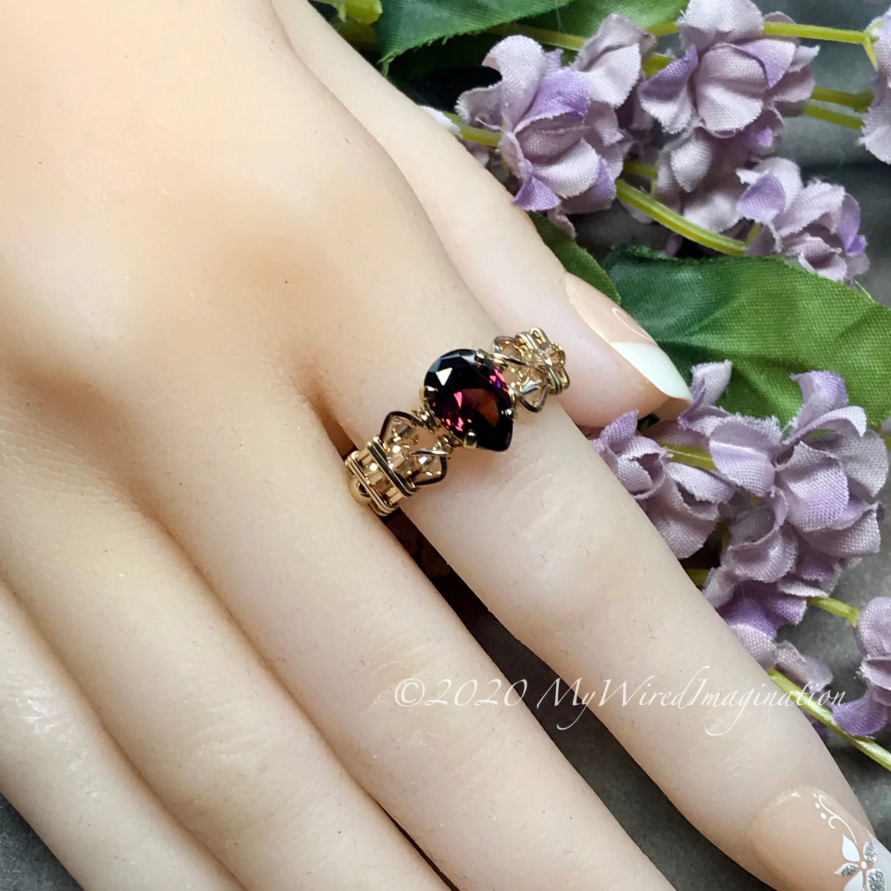 Rhodolite Garnet CZ Handmade Ring, Pink, Purple Red Garnet, January Birthstone