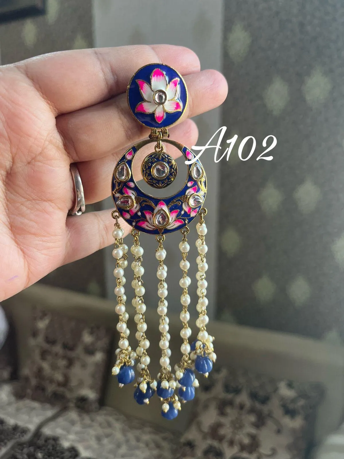 Rimjhim Meenakari pearl earrings-Navy Blue