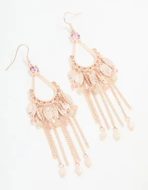 Rose Gold Flower Tassel Drop Earrings