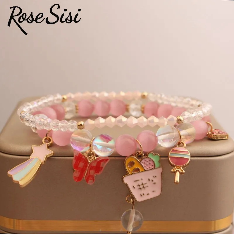 Rose sisi Korean Style fresh bead bracelet for women elastic hand rope friendship bracelets jewelry for girl