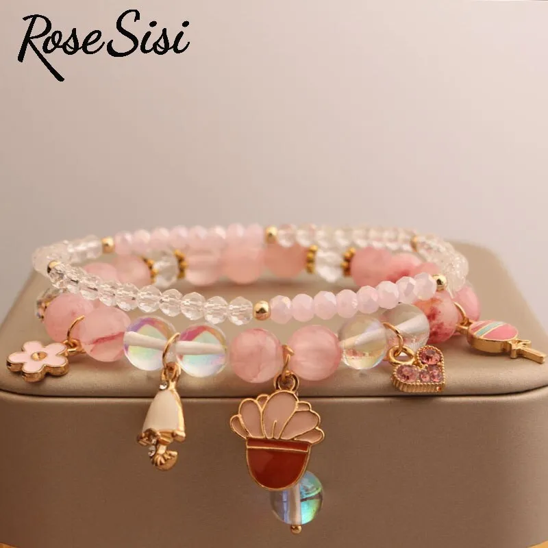 Rose sisi Korean Style fresh bead bracelet for women elastic hand rope friendship bracelets jewelry for girl