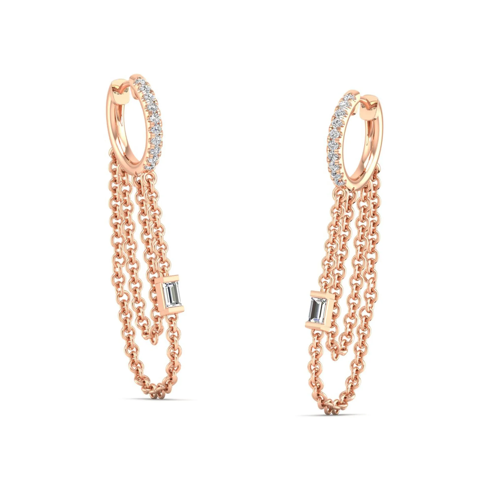 Round and Baguette Tassel Chain Diamond Drop Dangle Earrings