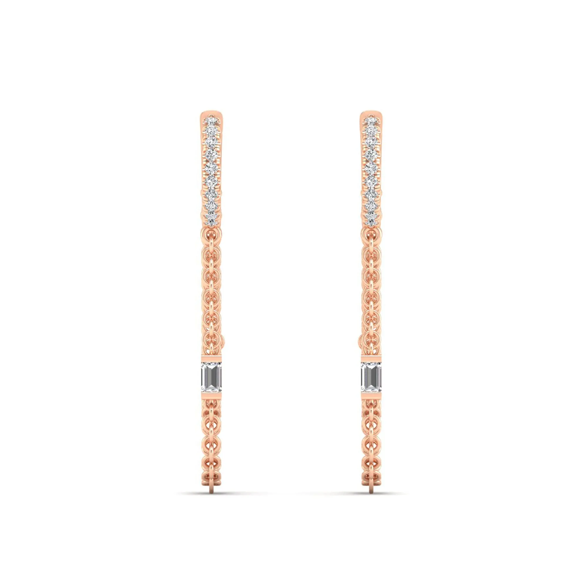 Round and Baguette Tassel Chain Diamond Drop Dangle Earrings