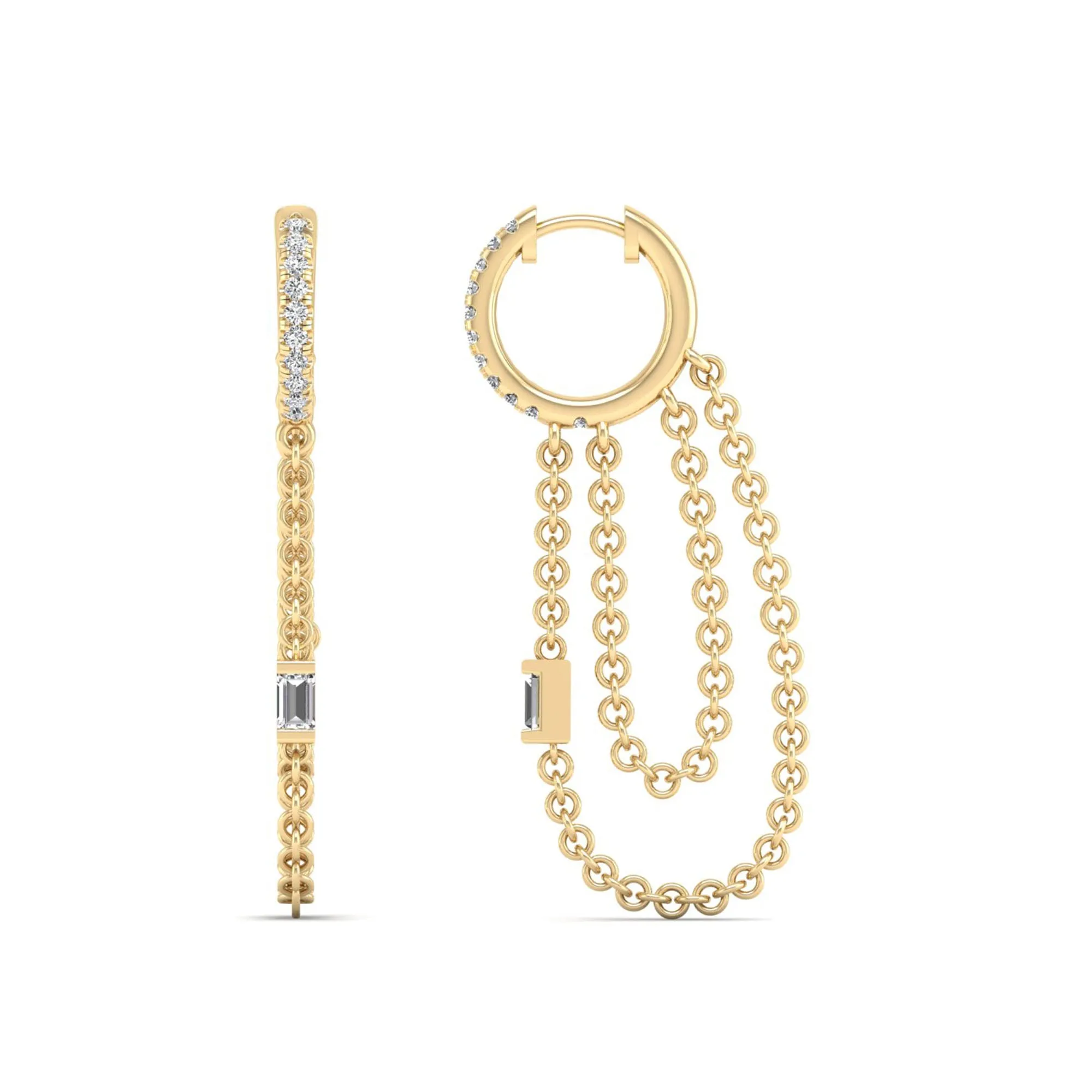 Round and Baguette Tassel Chain Diamond Drop Dangle Earrings