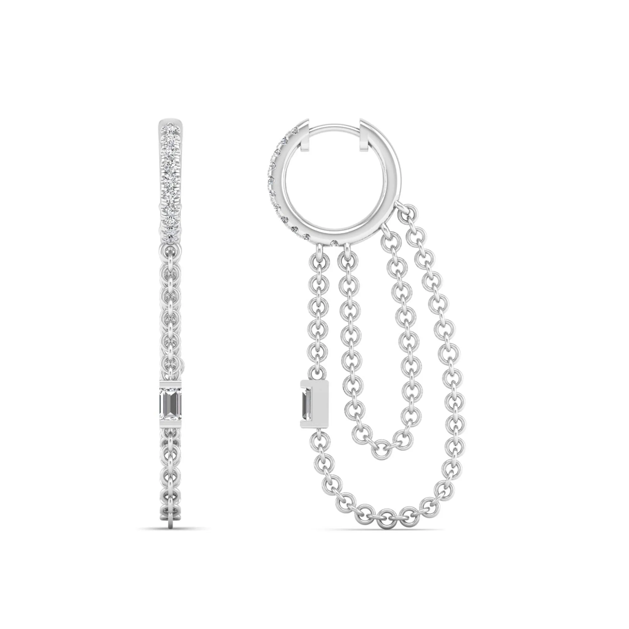 Round and Baguette Tassel Chain Diamond Drop Dangle Earrings