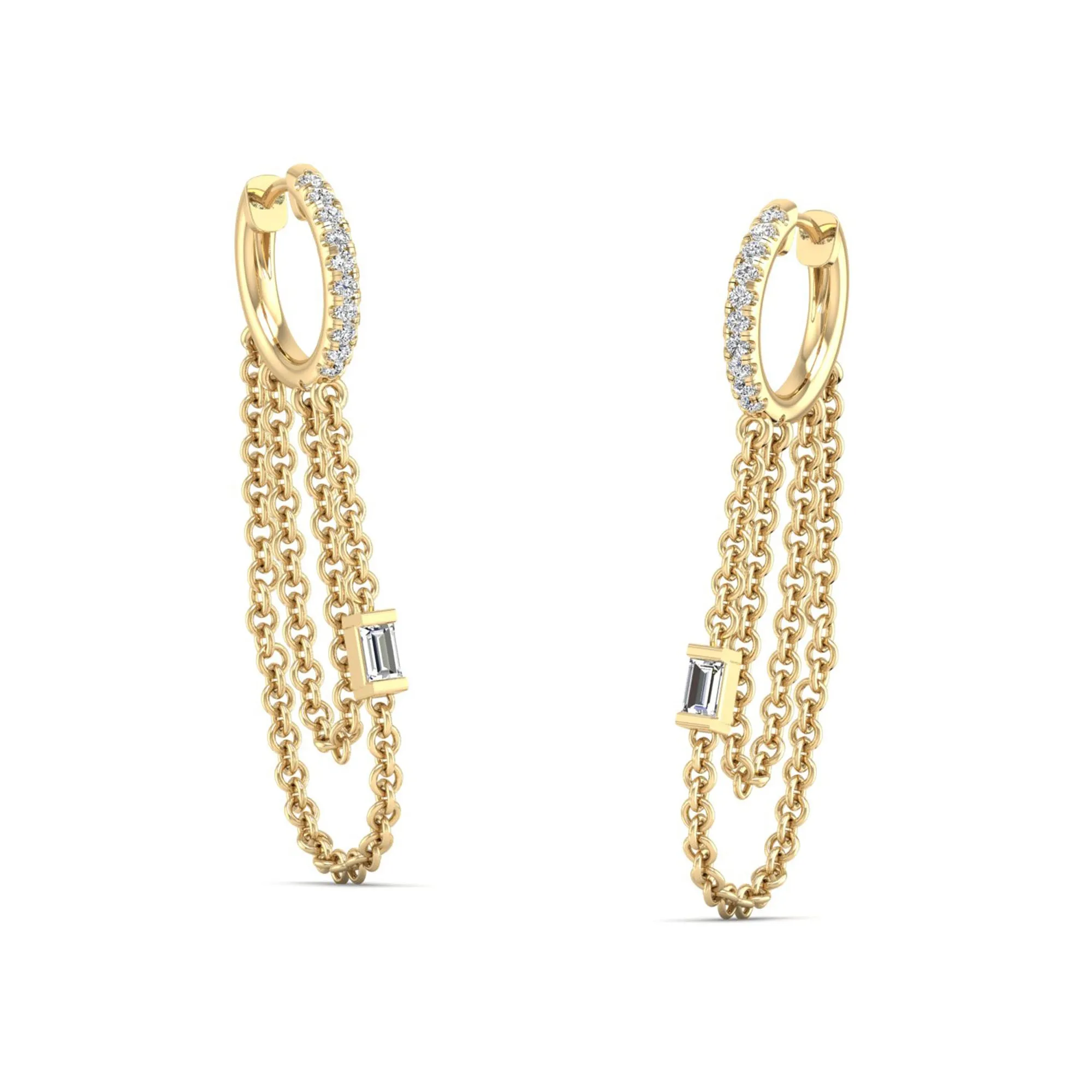 Round and Baguette Tassel Chain Diamond Drop Dangle Earrings