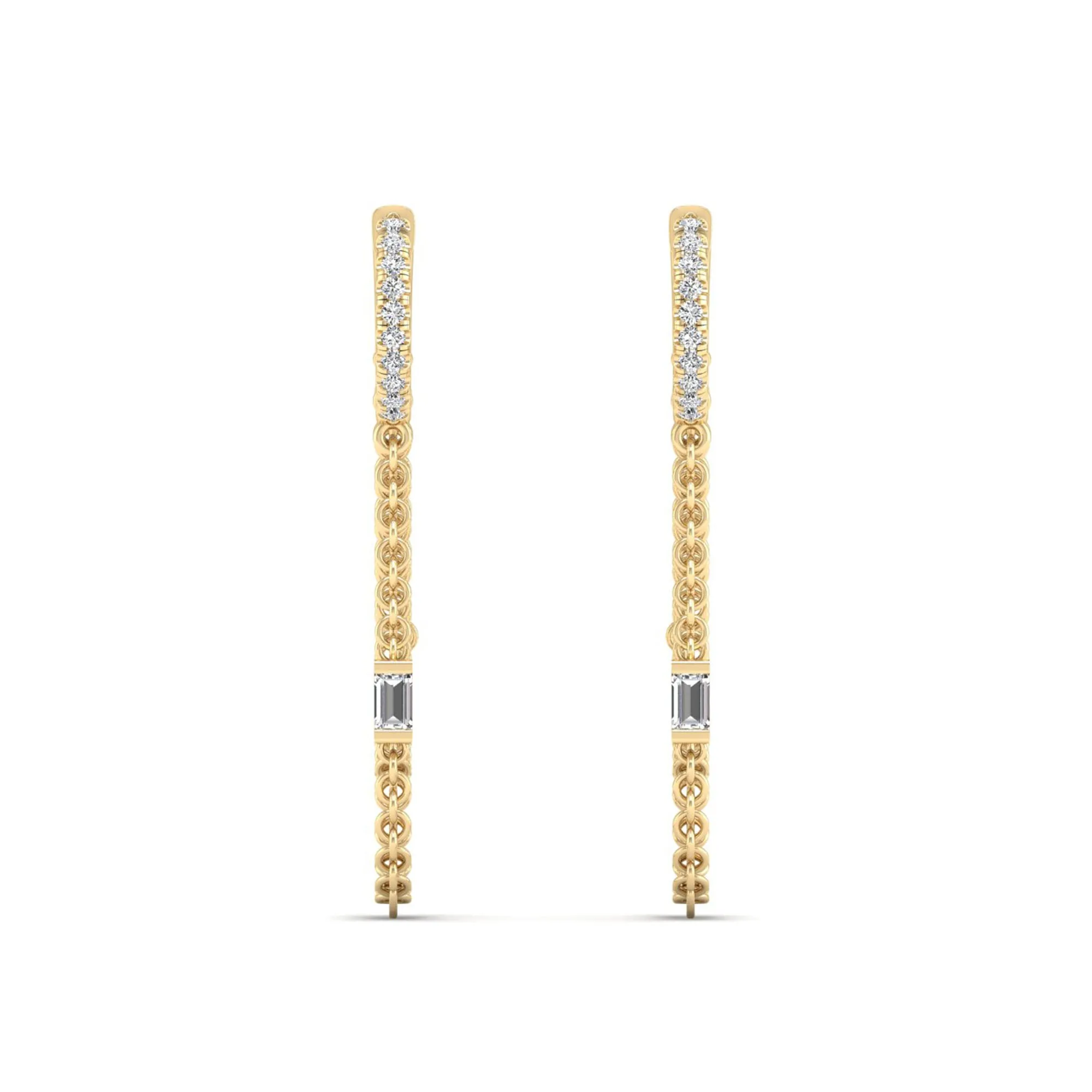 Round and Baguette Tassel Chain Diamond Drop Dangle Earrings