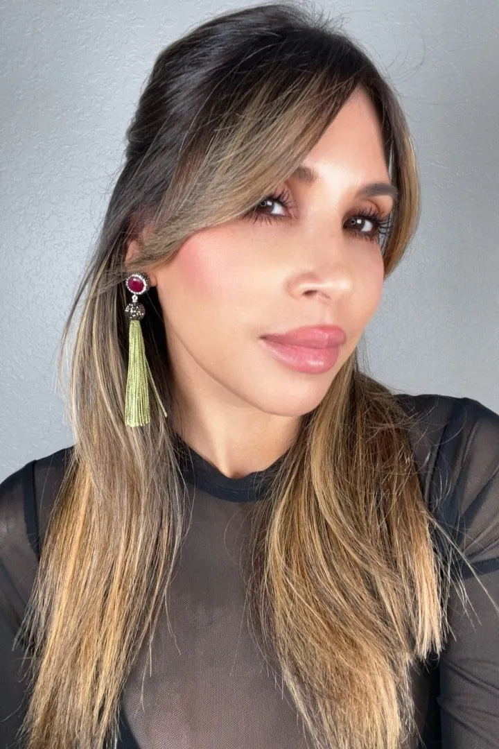 Round Gemstone Long 925 Sterling Silver Tassel Earring