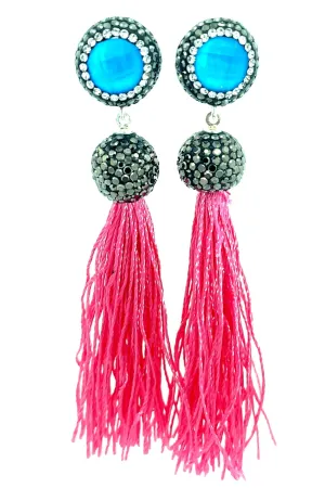 Round Gemstone Long 925 Sterling Silver Tassel Earring