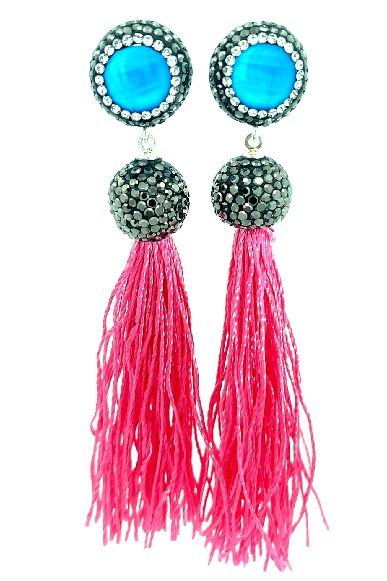 Round Gemstone Long 925 Sterling Silver Tassel Earring