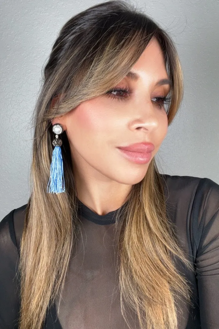 Round Gemstone Long 925 Sterling Silver Tassel Earring