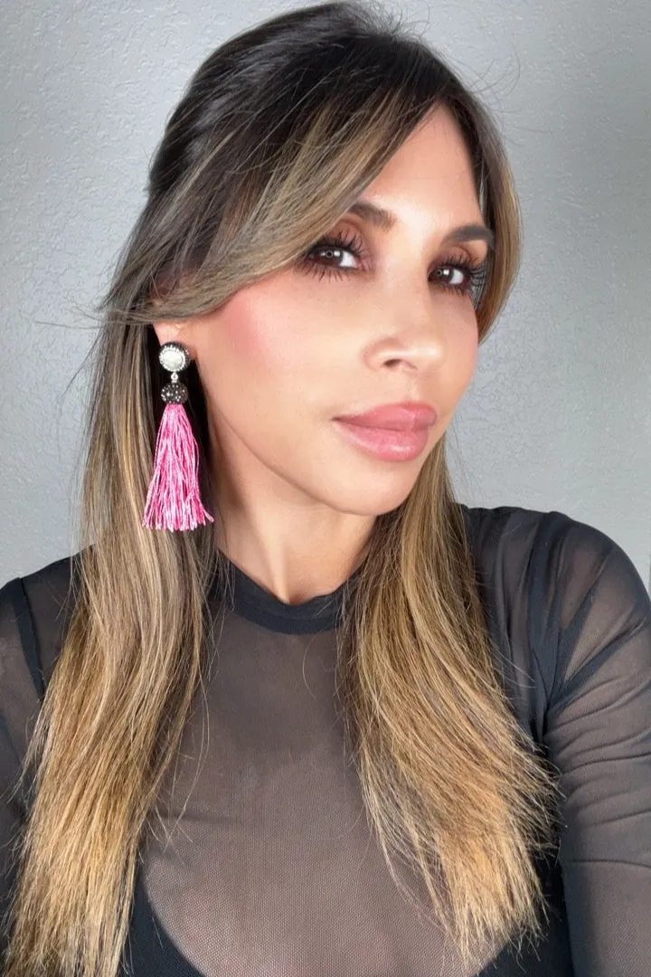 Round Gemstone Long 925 Sterling Silver Tassel Earring