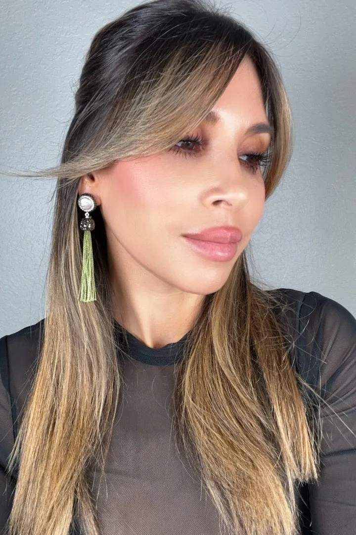Round Gemstone Long 925 Sterling Silver Tassel Earring