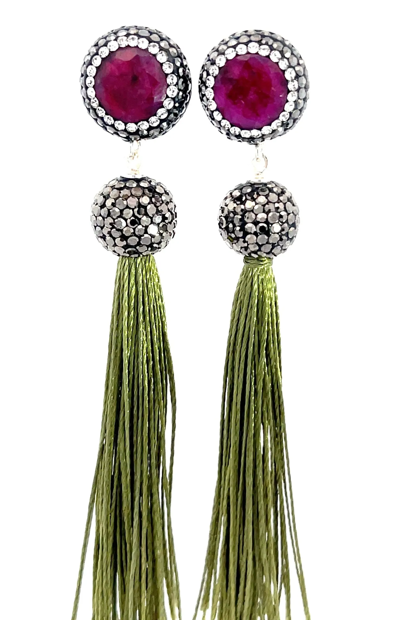 Round Gemstone Long 925 Sterling Silver Tassel Earring
