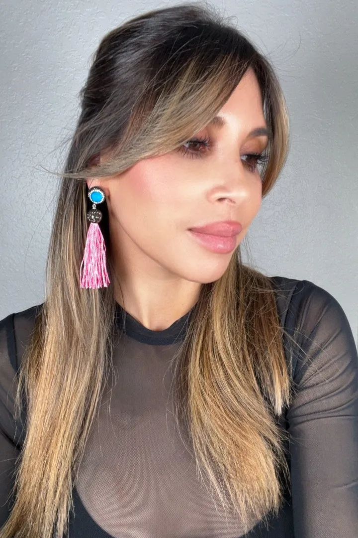 Round Gemstone Long 925 Sterling Silver Tassel Earring
