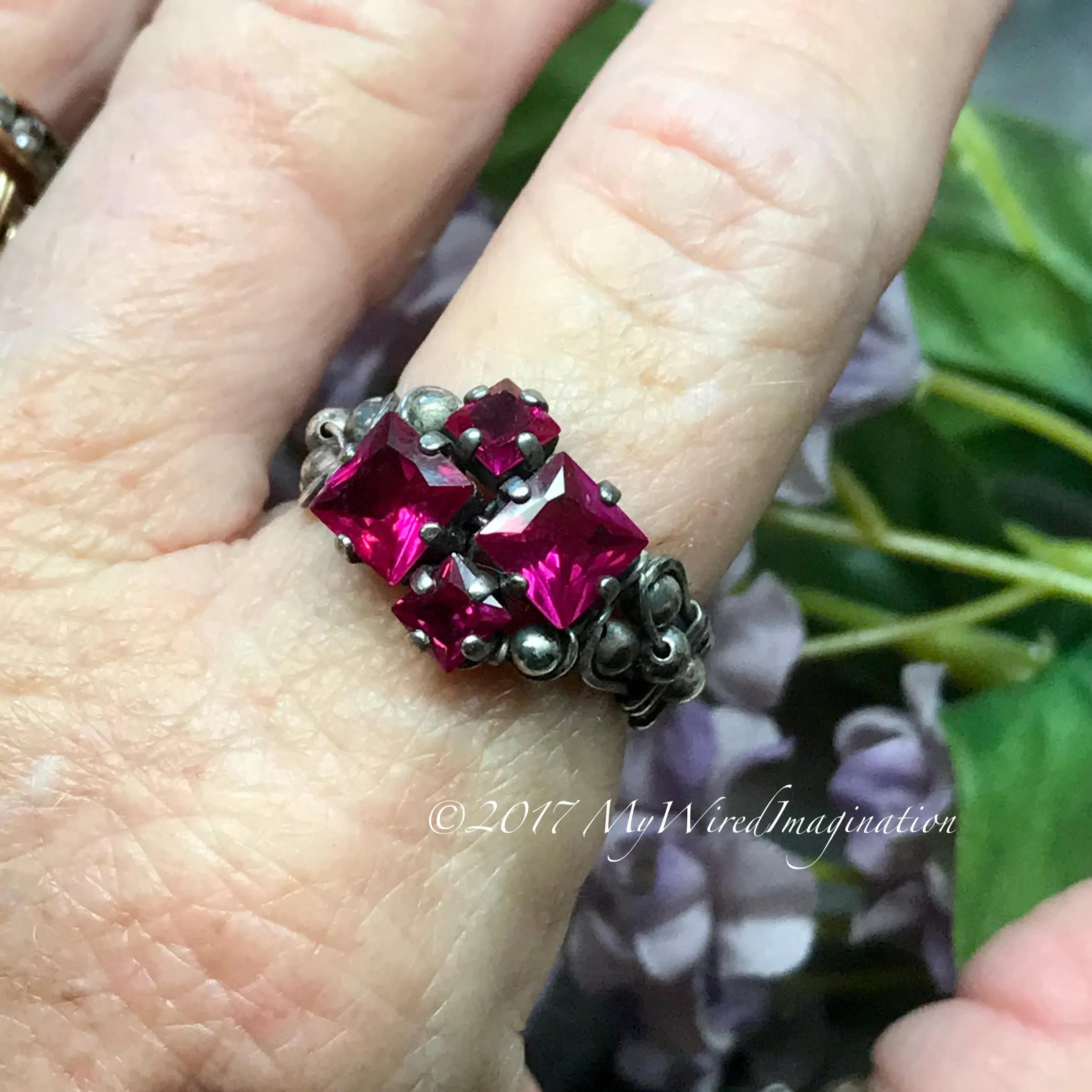 Ruby Squared, Sterling Silver, Multi-Stone Handmade Ring, in Sterling Silver US Size 8