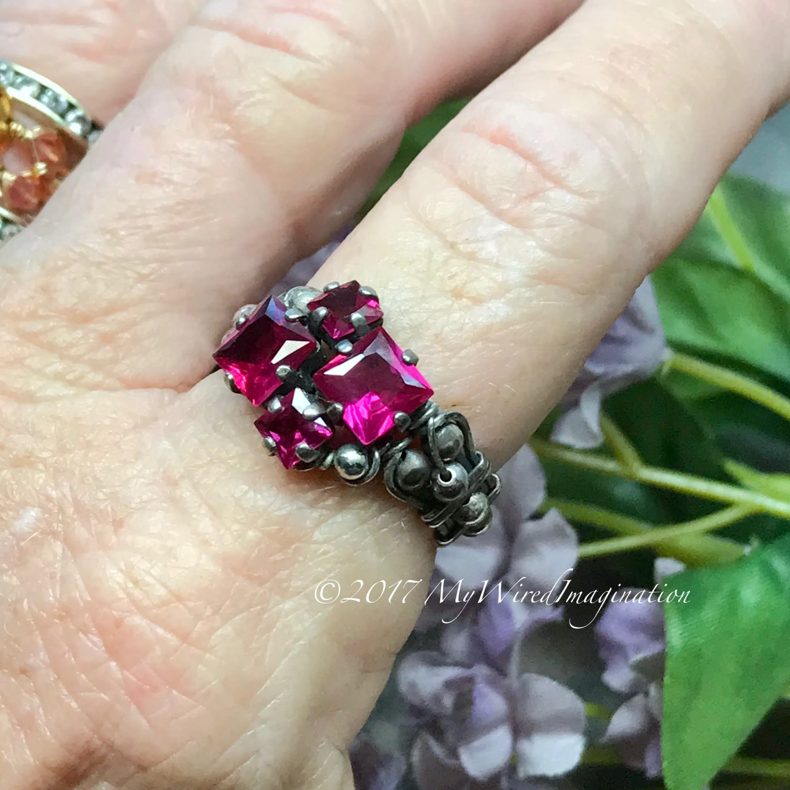Ruby Squared, Sterling Silver, Multi-Stone Handmade Ring, in Sterling Silver US Size 8