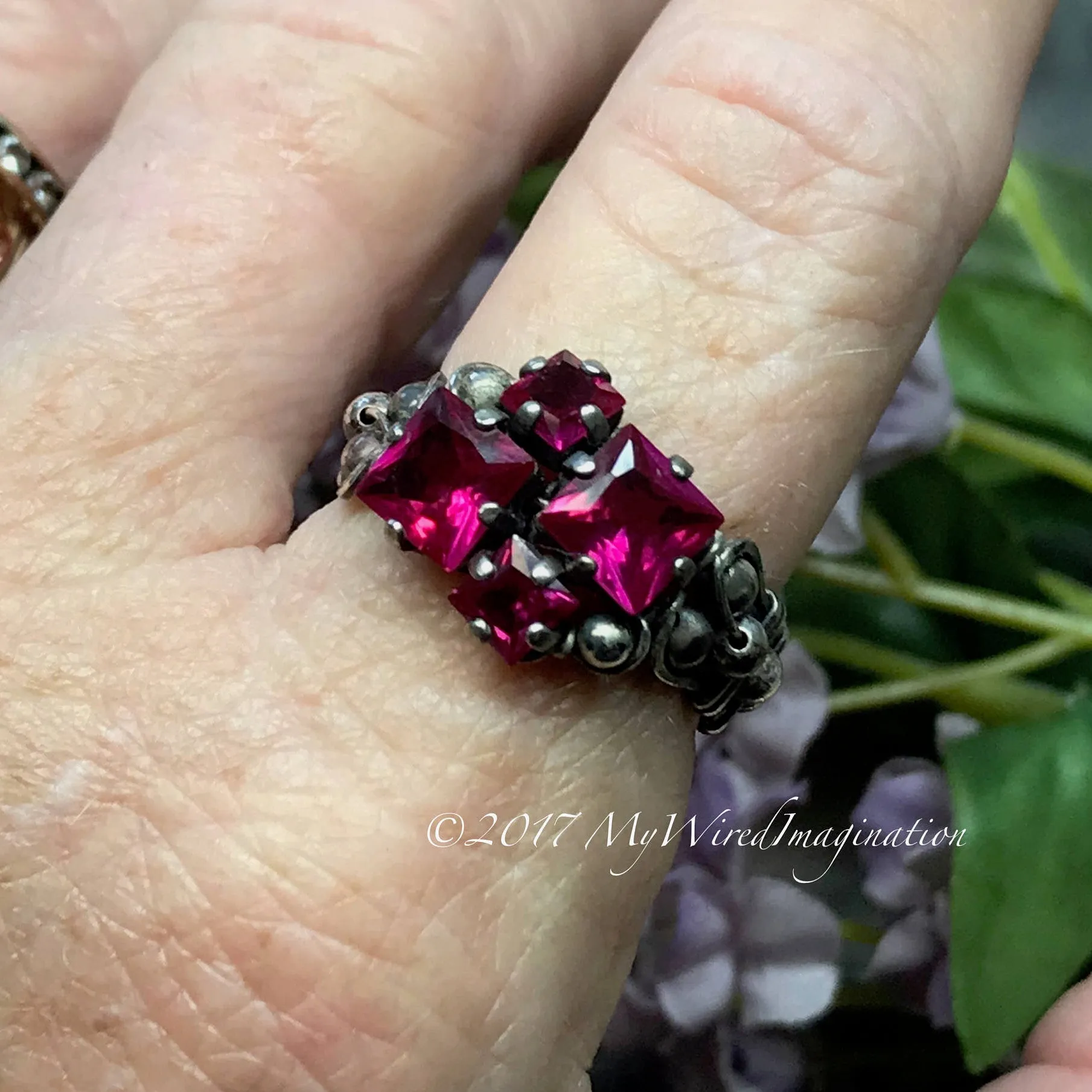 Ruby Squared, Sterling Silver, Multi-Stone Handmade Ring, in Sterling Silver US Size 8