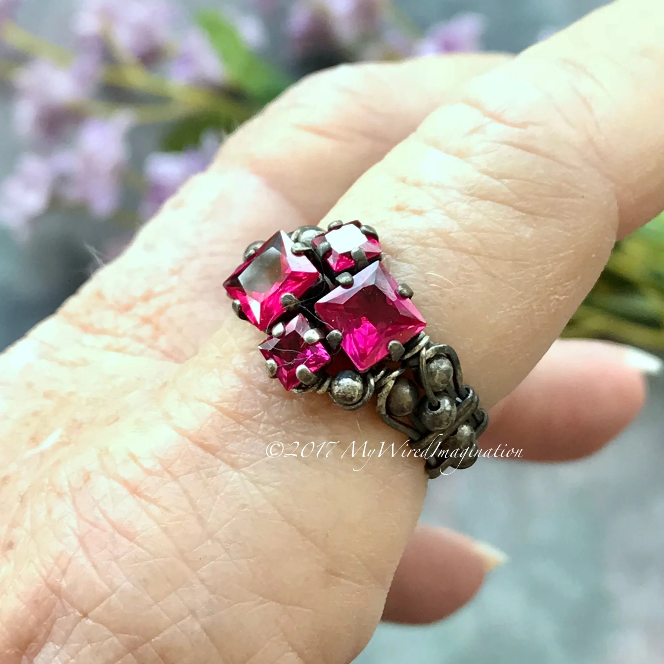 Ruby Squared, Sterling Silver, Multi-Stone Handmade Ring, in Sterling Silver US Size 8
