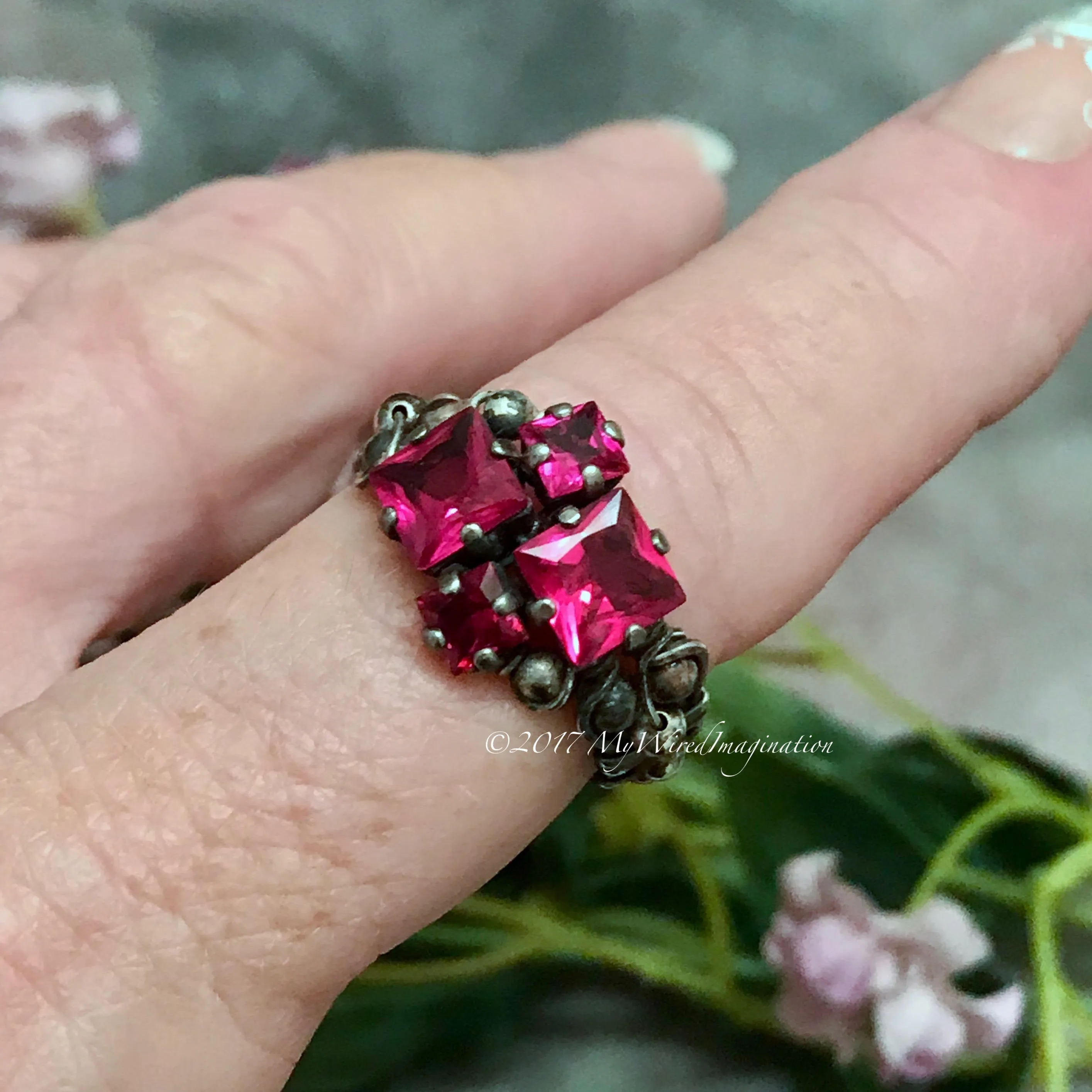 Ruby Squared, Sterling Silver, Multi-Stone Handmade Ring, in Sterling Silver US Size 8
