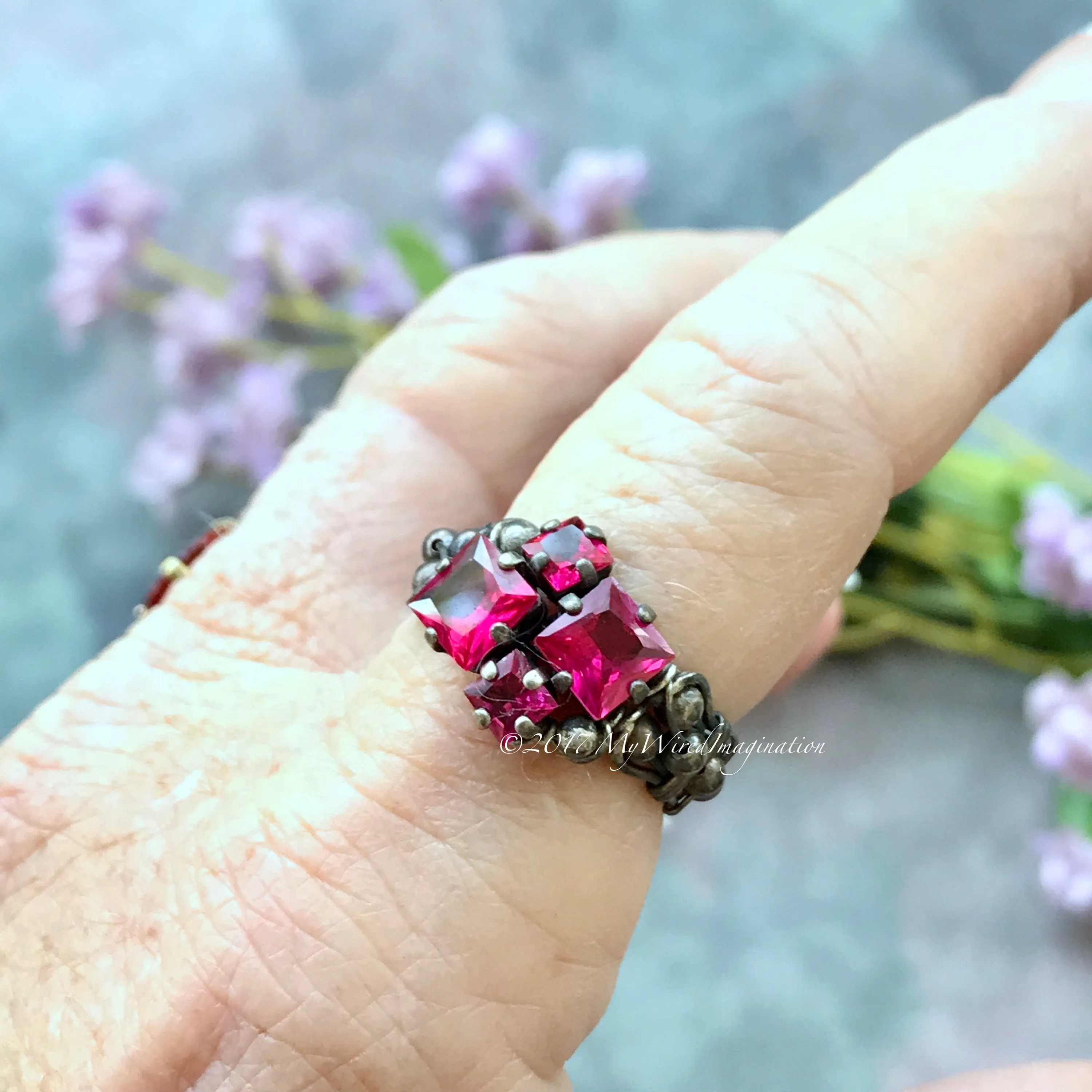 Ruby Squared, Sterling Silver, Multi-Stone Handmade Ring, in Sterling Silver US Size 8