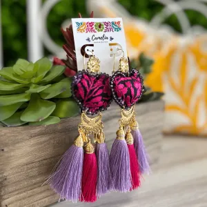 San Antonino Mexican Embroidered Heart Earrings - Lilac Pink