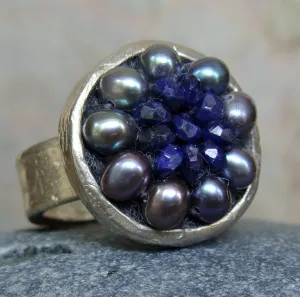 Sapphire and silver mosaic ring