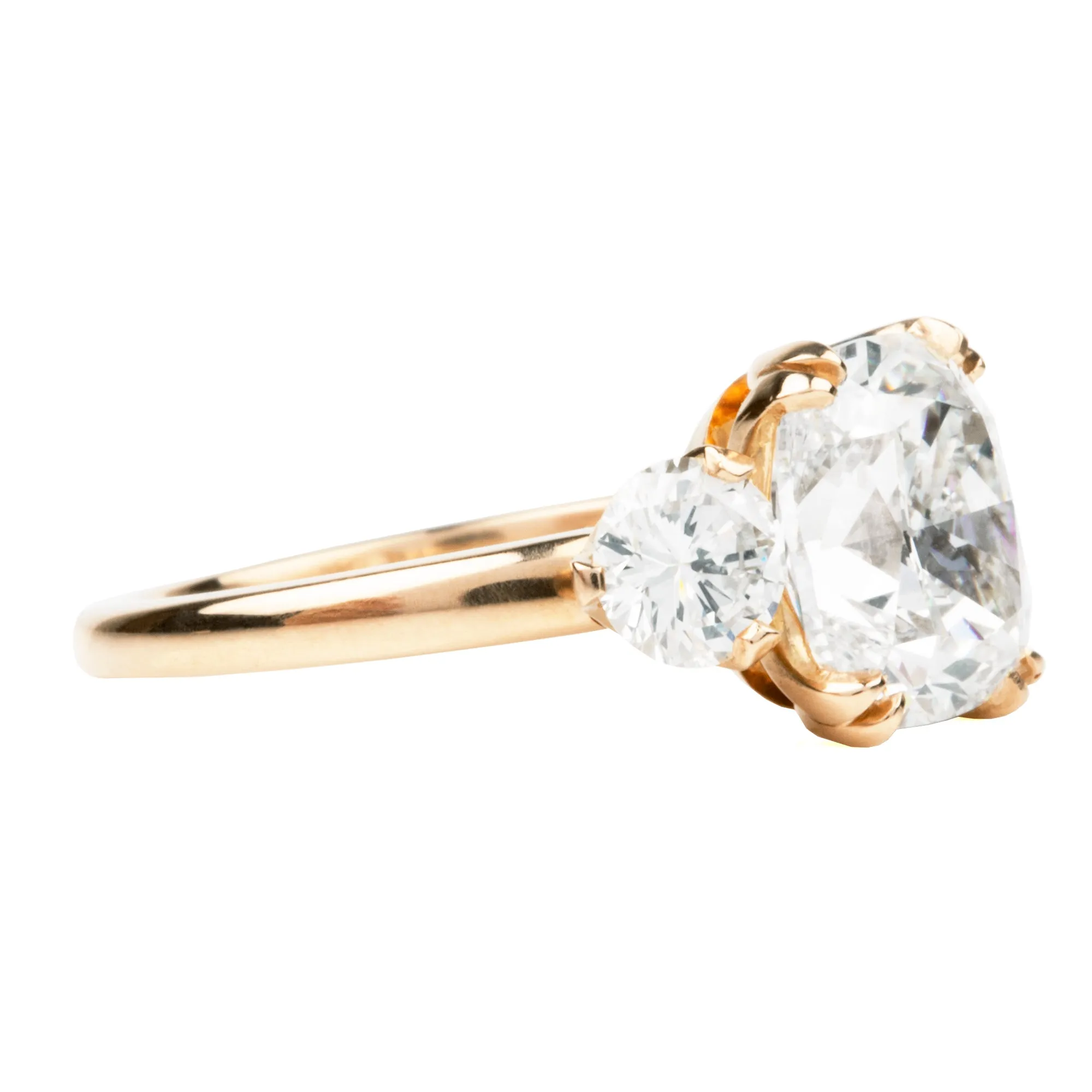 Scalloped Three Stone Ring with Cushion Cut Diamond