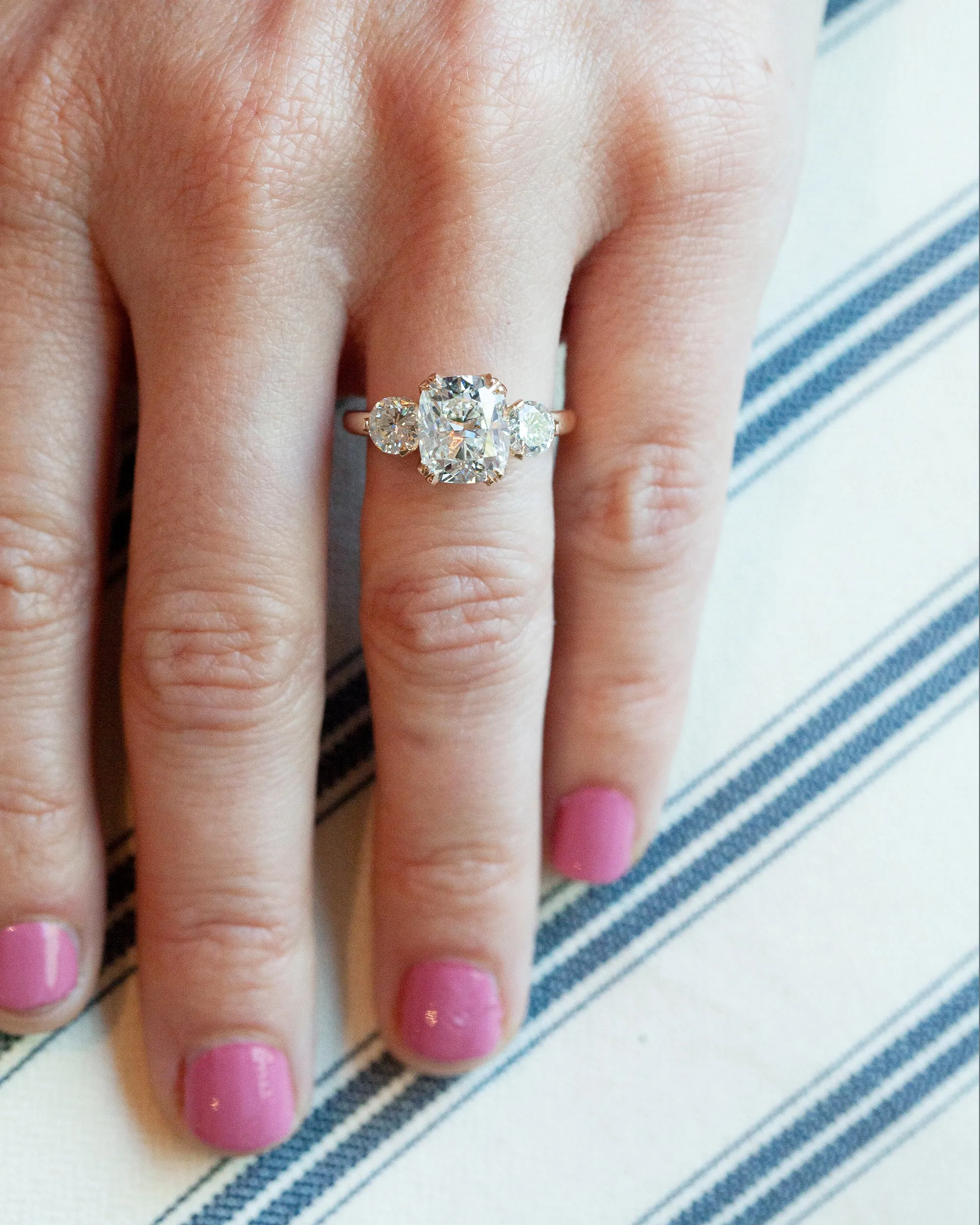 Scalloped Three Stone Ring with Cushion Cut Diamond
