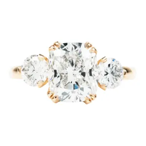 Scalloped Three Stone Ring with Cushion Cut Diamond