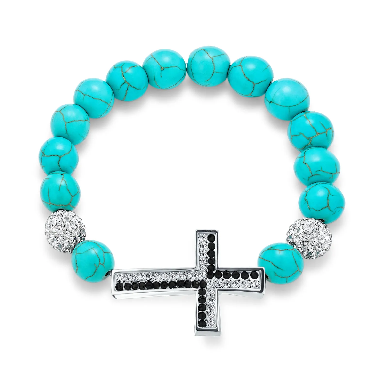 Set of 2 Religious Cross Onyx Turquoise Crystal Stretch Bracelet Silver Plated