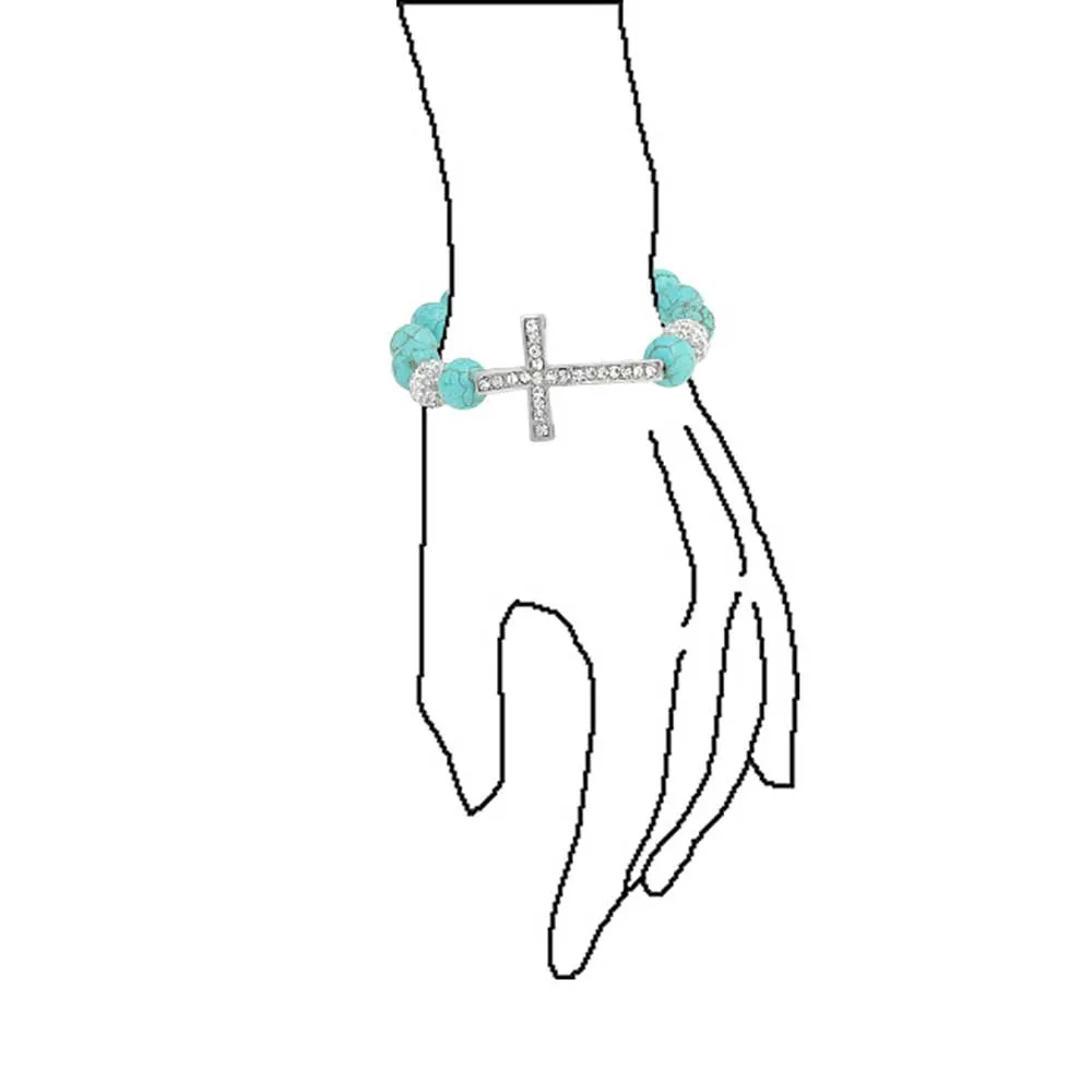 Set of 2 Religious Cross Onyx Turquoise Crystal Stretch Bracelet Silver Plated