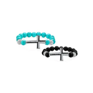 Set of 2 Religious Cross Onyx Turquoise Crystal Stretch Bracelet Silver Plated