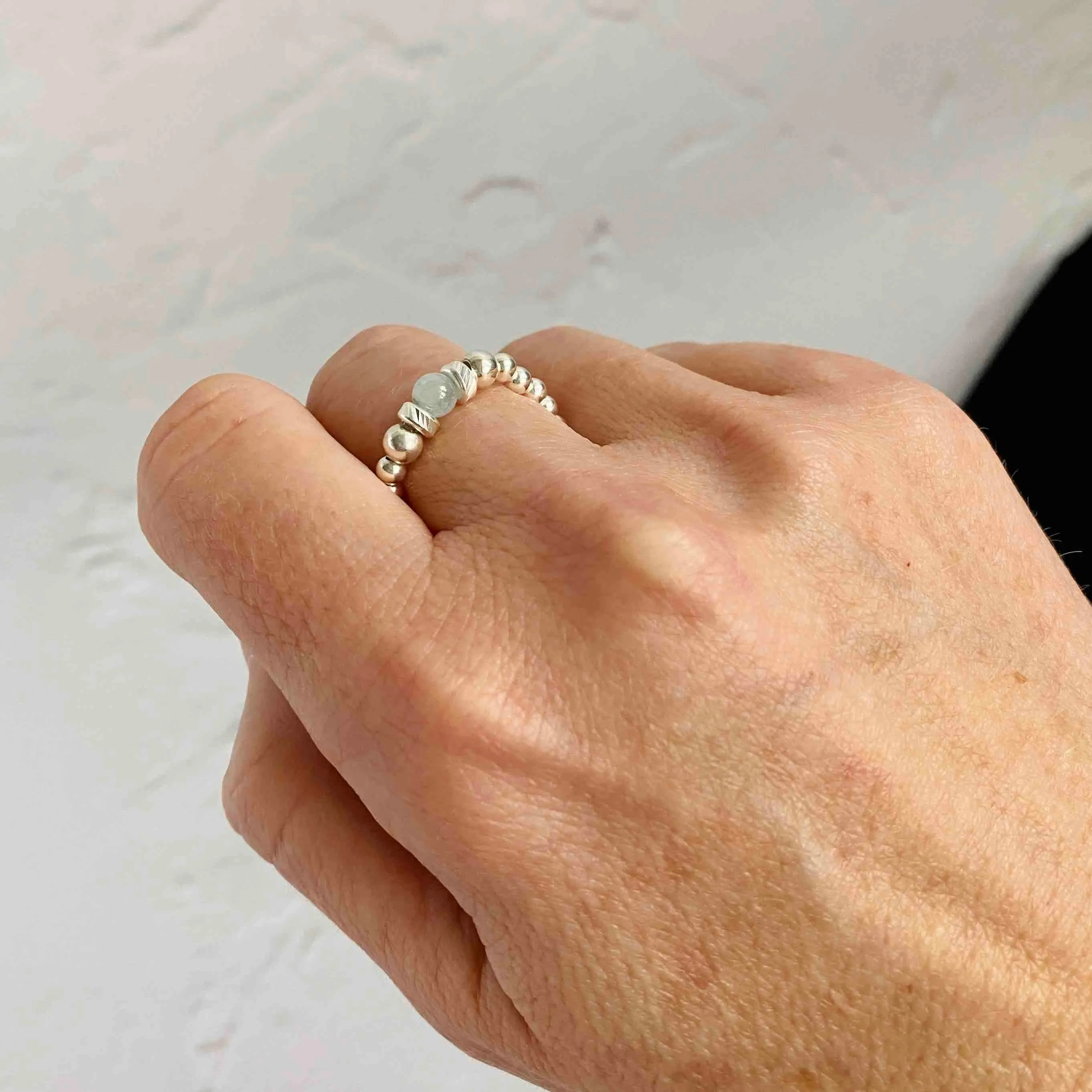 Silver Aquamarine Gemstone Bead Ring