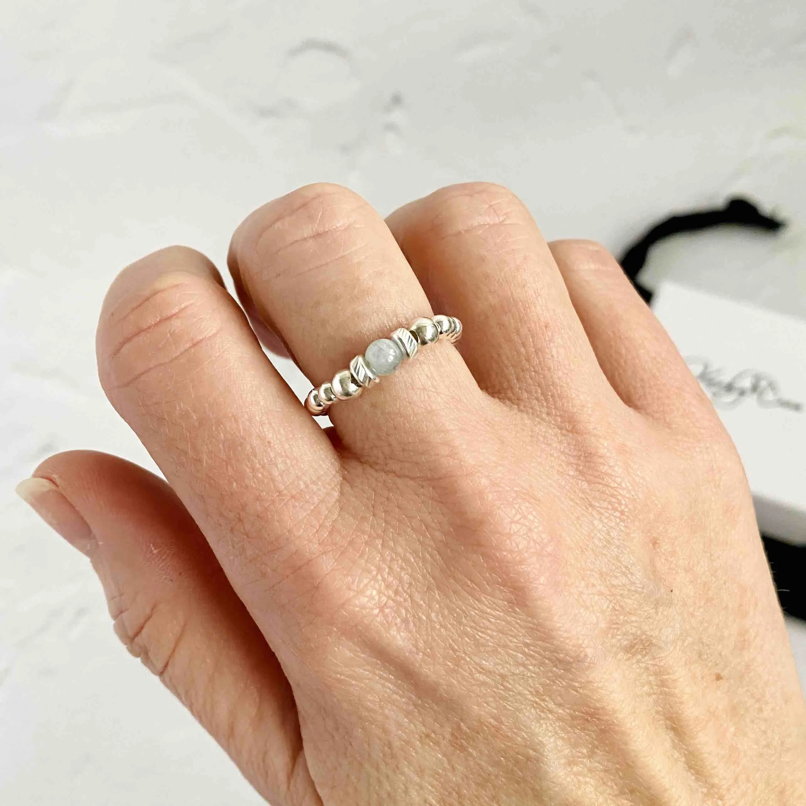 Silver Aquamarine Gemstone Bead Ring