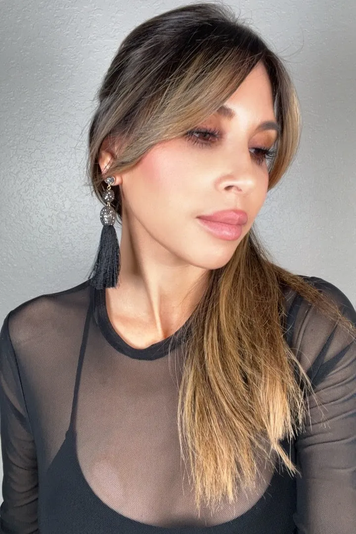 Silver Crystal Gold Plated Black Thread Tassel Earring