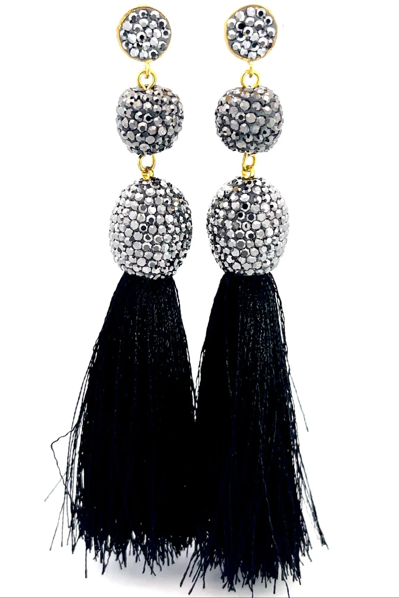 Silver Crystal Gold Plated Black Thread Tassel Earring