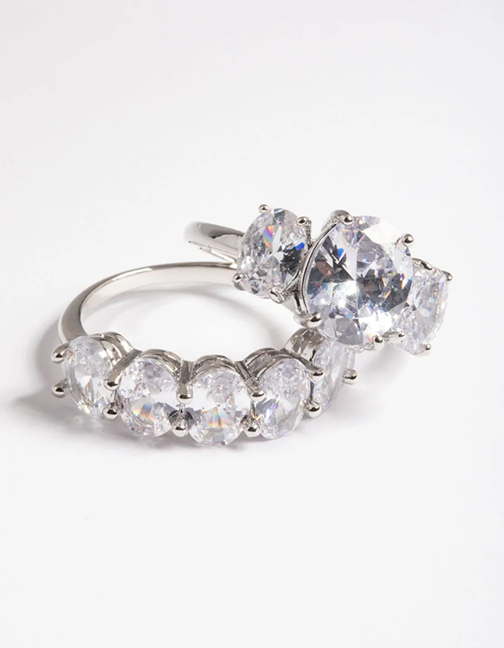 Silver Cubic Zirconia Statement Oval Ring 2-Pack
