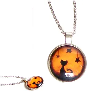Silver Glass Dome HALLOWEEN black Cat & stars pendant chain