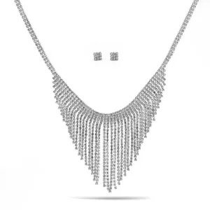 SILVER RHINESTONE CRYSTAL TASSEL NECKLACE AND EARRINGS SET # SQXX-07010480S (TH22)