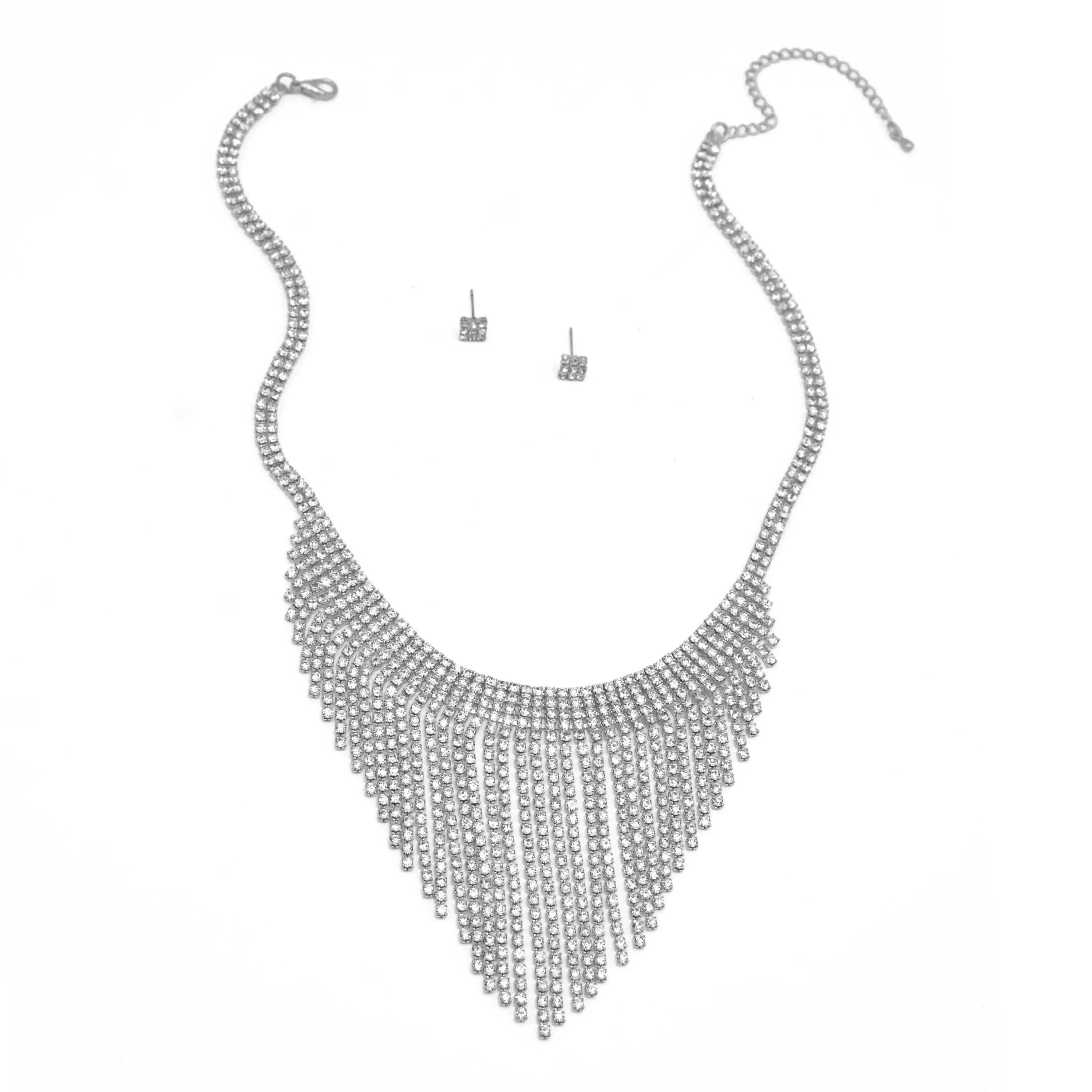 SILVER RHINESTONE CRYSTAL TASSEL NECKLACE AND EARRINGS SET # SQXX-07010480S (TH22)