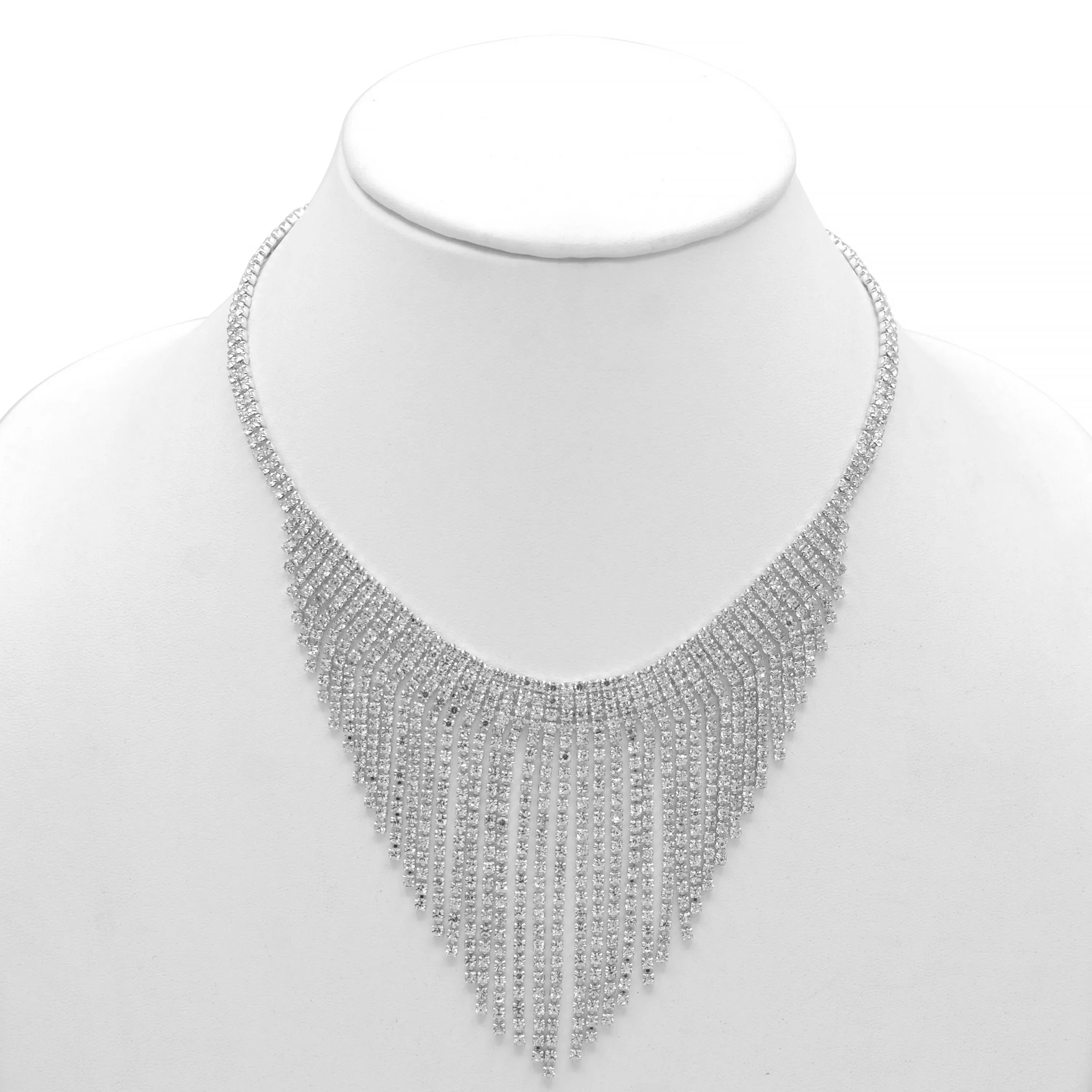 SILVER RHINESTONE CRYSTAL TASSEL NECKLACE AND EARRINGS SET # SQXX-07010480S (TH22)