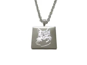 Silver Toned Etched Cat Head Pendant Necklace