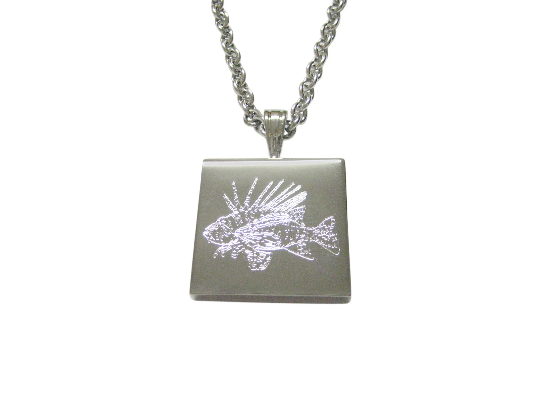 Silver Toned Etched Lion Fish Pendant Necklace