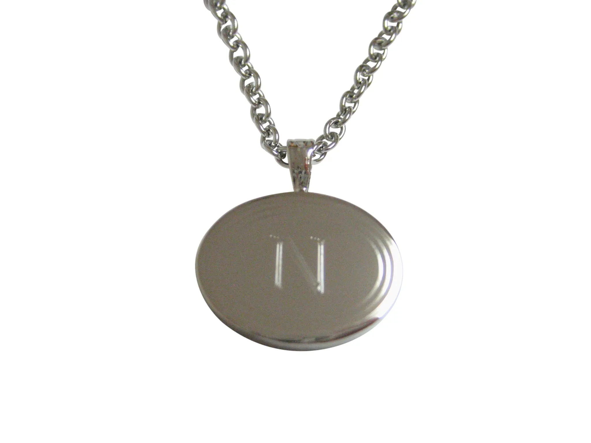 Silver Toned Etched Oval Letter N Monogram Pendant Necklace
